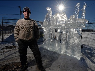 Artist Douglas Lingelbach, of Saskatoon, carved an ice sculpture tilted Impermanence: From the creator to the creator. The piece incorporates the faces of the four victims of the Jan. 22 shootings in La Loche and was done in conjunction with artist Kevin Bendig of Big River who wrote the story and planned the build of the piece.