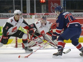 Regina Pats captain Adam Brooks prepares to release a shot that would beat Moose Jaw Warriors goalie Zach Sawchenko for the second goal of Saturday's WHL game at the Brandt Centre.
