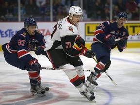 The Moose Jaw Warriors Nikita Popugaev, 71, was among the players who stood out Saturday when the Warriors and Regina Pats collided at the Brandt Centre.