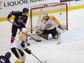 Regina Pats forward Dawson Leedahl watches from the front of the net as teammate Nick Henry scores on Brandon Wheat Kings goaltender Logan Thompson during WHL action at Westman Place on Wednesday. Photo by Perry Bergson/The Brandon Sun.