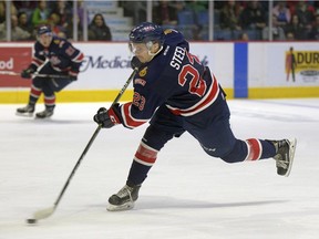 Regina Pats centre Sam Steel, shown in this file photo, made his lone pre-season appearance on Saturday against the Moose Jaw Warriors. He leaves Wednesday for training camp with the NHL's Anaheim Ducks.