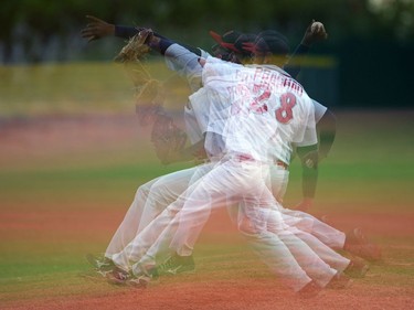 A multiple exposure of Regina Red Sox pitcher Adam Prashad in a Western Major Baseball League playoff game against the Yorktown Cardinals at Currie Field in Regina on Wednesday.