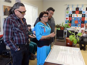 REGINA, SASK :  December 8, 2016  --  Open Sky Retreat led by Elder Archie Weenie, from left, All Nations Hope Network CEO Margaret Poitras and All Nations Hope Network Knowledge Keeper Darwin Ironstone were on hand for the All Nations Hope Network announcement in Regina.  They announced a new community partnership with local organizations to help create more culturally sensitive environments for clients TROY FLEECE / Regina Leader-Post