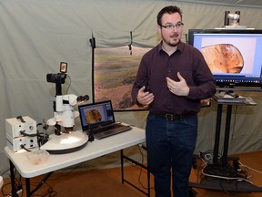 Ryan McKellar, curator of invertebrate palaeontology, uses a stereo microscope to exam samples at the Royal Saskatchewan Museum in Regina.