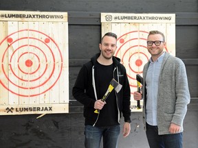 Matty O'Connell (left) and Tyson Liske have opened Lumberjax Throwing in Regina.