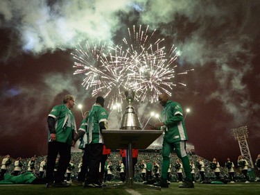 Saskatchewan Roughriders legends Roger Aldag,from left, Gene Makowsky, George Reed and Darian Durant close out the Farewell Season and last ever Roughriders home game at old Mosaic Stadium in Regina.