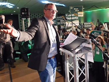 Saskatchewan Party Leader Brad Wall rallying the troops at Queensbury (Salon A) in Regina during a campaign stop.