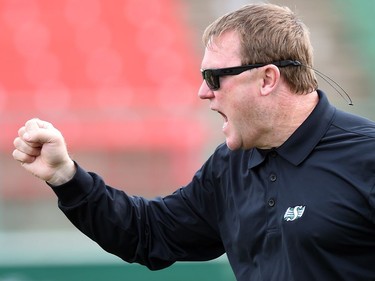 Saskatchewan Roughriders head coach Chris Jones during practice at Mosaic Stadium in Regina.