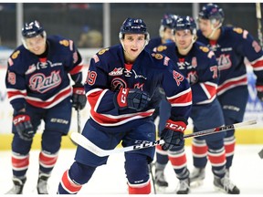 Regina Pats, Jake Leschyshyn (C) after scoring on Saskatoon Blades net-minder Brock Hamm during a Western Hockey League game against the Saskatoon Blades at the Brandt Centre in Regina.  DON HEALY / Regina Leader-Post