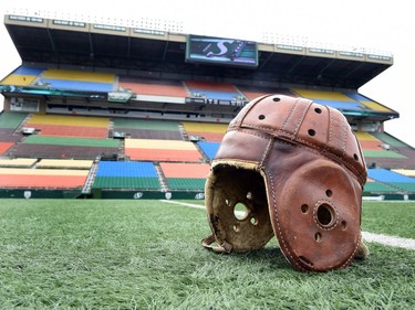 A leather football helmet worn by Eddie ìDynamite" James in the 1931 Grey Cup.   James played for the Regina Roughriders and the Riders were up against the Montreal AAA Winged Wheelers. The leather helmet was loaned to the Leader Post by the Saskatchewan Sports Hall of Fame.