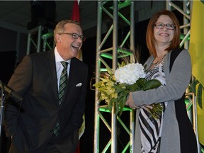 Premier Brad Wall speaks to supporters at the Palliser Pavilion in his home riding of Swift Current after his third election win in Saskatchewan on April 4, 2016.