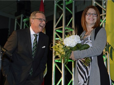 Premier Brad Wall speaks to supporters at the Palliser Pavilion in his home riding of Swift Current after his third election win in Saskatchewan.