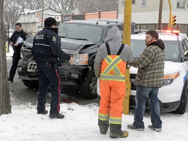 REGINA,Sk: DECEMBER 5, 2016 --At 12:31 p.m. police were called to the intersection of 13th Avenue and Elphinstone Street for a collision between the marked police cruiser and a pickup truck. The officer was southbound on Elphinstone with lights and siren on when it was struck by the eastbound pickup truck. The driver of the truck was not hurt. The officer was taken to hospital for observation but was not seriously injured. Police are investigating. BRYAN SCHLOSSER/Regina Leader Post
