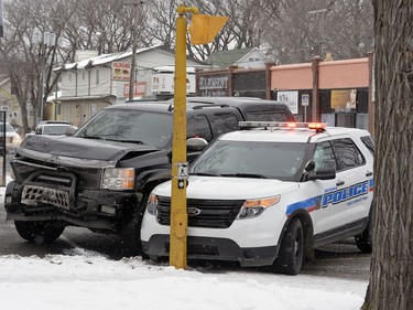 REGINA,Sk: DECEMBER 5, 2016 --At 12:31 p.m. police were called to the intersection of 13th Avenue and Elphinstone Street for a collision between the marked police cruiser and a pickup truck. The officer was southbound on Elphinstone with lights and siren on when it was struck by the eastbound pickup truck. The driver of the truck was not hurt. The officer was taken to hospital for observation but was not seriously injured. Police are investigating. BRYAN SCHLOSSER/Regina Leader Post