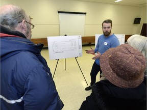 REGINA,Sk: DECEMBER 7, 2016 --Carmichael Outreach has applied to rezone a lot in a heritage neighbourhood. The City is hosting an open house to hear from residents and businesses in that area. Tyler Gray from Carmichael Outreach (in blue sweater) explains the layout of the proposed facility. BRYAN SCHLOSSER/Regina Leader Post