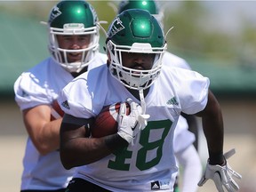 Saskatchewan Roughriders linebacker Marvin Golding, shown at training camp, has received a two-game suspension for violating the CFL-CFLPA drug policy.
