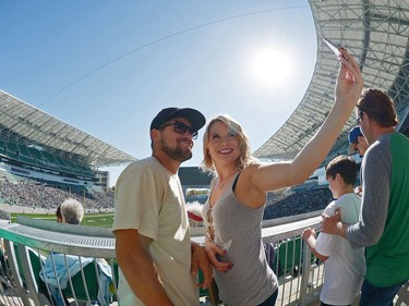 Taylor Guy and Orishia Benevelli take a selfie at the new Mosaic Stadium test event featuring the University of Regina Rams vs. the University of Saskatchewan Huskies in Regina, Sask. on Saturday Oct. 1, 2016.