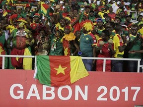 Cameroon&#039;s supporter chant ahead of the African Cup of Nations Group A soccer match between Cameroon and Gabon at the Stade de l&#039;Amitie, in Libreville, Gabon, Sunday Jan. 22, 2017. (AP Photo/Sunday Alamba)