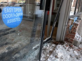 A smashed door and building damage was the result of an attempted break-in at the Scotia Bank at 2907 13th Ave. in Regina, Sask. on Monday Jan. 2, 2017.