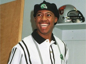Henry Burris is introduced as the Saskatchewan Roughriders' quarterback in 2000,