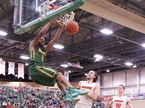 Brian Ofori of the University of Regina Cougars, shown in this file photo, had 19 points and 12 rebounds Thursday in his team's playoff opener. The University of Manitoba Bisons defeated the visiting Cougars 94-84.