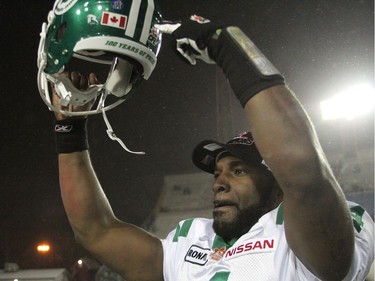 Saskatchewan Roughriders quarterback Darian Durant celebrates their win against the Calgary Stampeders during their game at McMahon Stadium in Calgary on November 21, 2010.