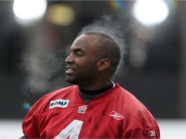 Steam raises up off of Saskatchewan Roughriders Quarterback Darian Durant during a break in the practice at McMahon Stadium,on Friday November 27th ,as they prepare for Sundays Grey Cup Championship game against the Montreal Alouettes in Calgary .