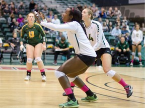 University of Regina Cougars volleyball player Diana Lumbala, front, is the Canada West second star of the week.
