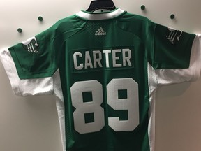 Duron Carter's new Saskatchewan Roughriders jersey was on display Thursday.