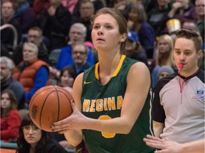 The University of Regina Cougars' Katie Polischuk, shown in this file photo, had a game-high 25 points Friday against the University of Calgary Dinos.