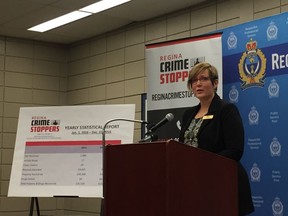 Laurie Norman, president of Regina Crime Stoppers speaks about the results of the 2016 tips campaign on Wednesday, Jan. 4 at the Regina Police Headquarters. PHOTO ASHLEY ROBINSON