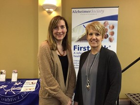 Maria Howard, CEO of Alzheimer Society of British Columbia (L) stands next to Joanne Bracken, CEO of Alzheimer Society of Saskatchewan, at the Dementia Friendly Communities meetings at the Executive Royal Hotel on Wednesday, Jan. 18. PHOTO/ASHLEY ROBINSON