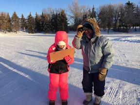 Mckenna Glover-Quartey (left) and her grandma Shirley Friel participate in the second annual Christmas Bird Count for Kids, hosted by Nature Saskatchewan on Jan. 7, 2016.