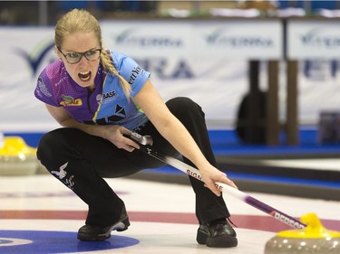 Cristina Goertzen calls out during the Scotties Women's Provincial final held in Melville, Saskatchewan.