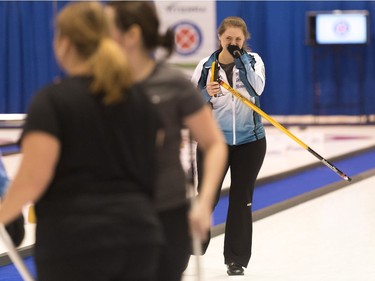 Penny Barker becomes emotional after her final throw secures her team's victory during the Scotties Women's Provincial final held in Melville, Saskatchewan.