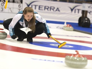Penny Barker calls out during the Scotties Women's Provincial final held in Melville, Saskatchewan.