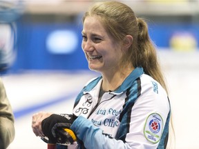 Penny Barker smiles after her team won Scotties Women's Provincial final held in Melville, Saskatchewan.