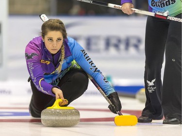 MELVILLE, SASK : January 29, 2017 - Robyn Silvernagle throws during the first end of the Scotties Women's Provincial final held in Melville, Saskatchewan. MICHAEL BELL / Regina Leader-Post.