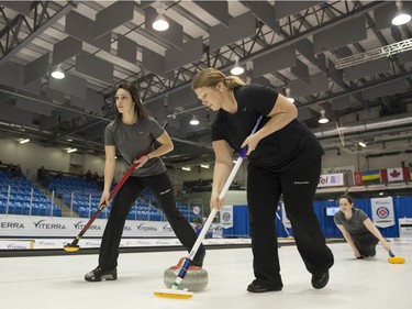 Team Barker throws during the Scotties Women's Provincial final held in Melville, Saskatchewan.