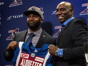 Ex-Riders quarterback Darian Durant (left) with Montreal general manager Kavis Reed is among 50 players scheduled to take part in CFL Week in Regina.
