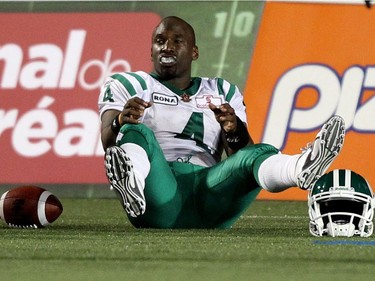 Saskatchewan Roughriders quarterback Darian Durant sits in the endzone with his helmet knocked off after being sacked for a safey touch in the fourth quarter of Canadian Football League game against the Montreal Alouettes in Montreal, August 6, 2010.