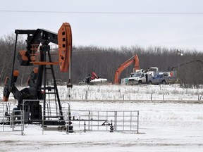 Crews work to clean the site of an oil spill on the Ocean Man First Nation about 20 kilometres north of Stoughton. Stoughton is about 60 kilometres east of Weyburn.