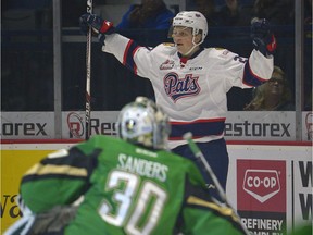 The Regina Pats' Austin Wagner celebrates his first of two goals during Sunday's 7-2 WHL victory over the Prince Albert Raiders.