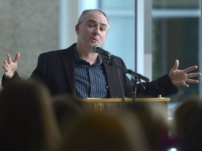 Lee Ward, associate professor of political science, speaks at the University of Regina, part of the Regina Public Interest Research Group's annual Apathy Into Action conference.