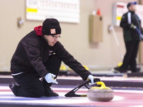 Team Nagy's third Trevor Thibault throws during Curl Regina Special Olympics Bonspiel held at the Callie Curling Club. Team Nagy of Regina lost 7-1 to Team Haggstrom of Brandon.