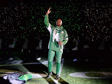 Roughriders Darian Durant takes part in the post game show following the Saskatchewan Roughriders final home game at old Mosaic Stadium in Regina on October 29, 2016.
