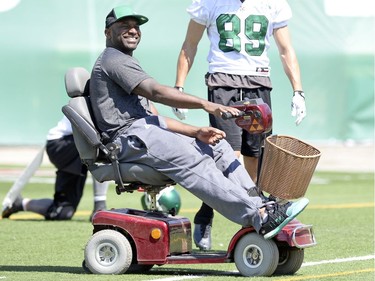 Saskatchewan Roughriders QB  Darian Durant was on a motor scooter during practice at Mosaic Stadium in Regina on Wednesday.