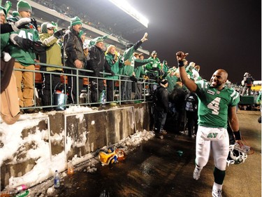 Saskatchewan Roughriders quarterback Darian Durant (#4) walks off the field after the Saskatchewan Roughriders defeated the B.C. Lions in overtime at Mosaic Stadium in Regina November 14, 2010. Saskatchewan won 41-38 in overtime.