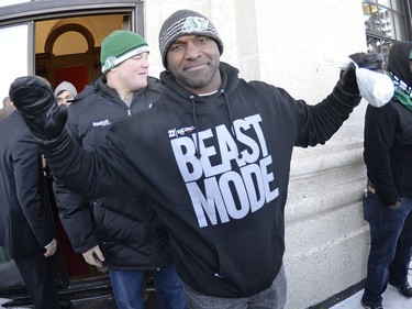 Saskatchewan Roughriders quarterback Darian Durant on the balcony of the Premier's office at the Saskatchewan Legislative Building in Regina, SK, on Tuesday, November 26, 2013.