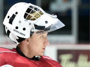 REGINA SK: SEPTEMBER 27, 2016 – Goalie Jordan Hollett during Regina Pats practice at the Brandt Centre in Regina.  DON HEALY / Regina Leader-Post.